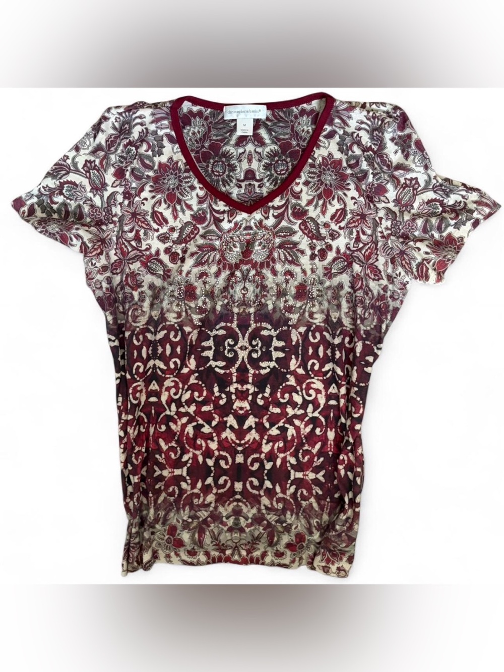 Christopher & Banks Burgundy Floral V-Neck Short Sleeve Top